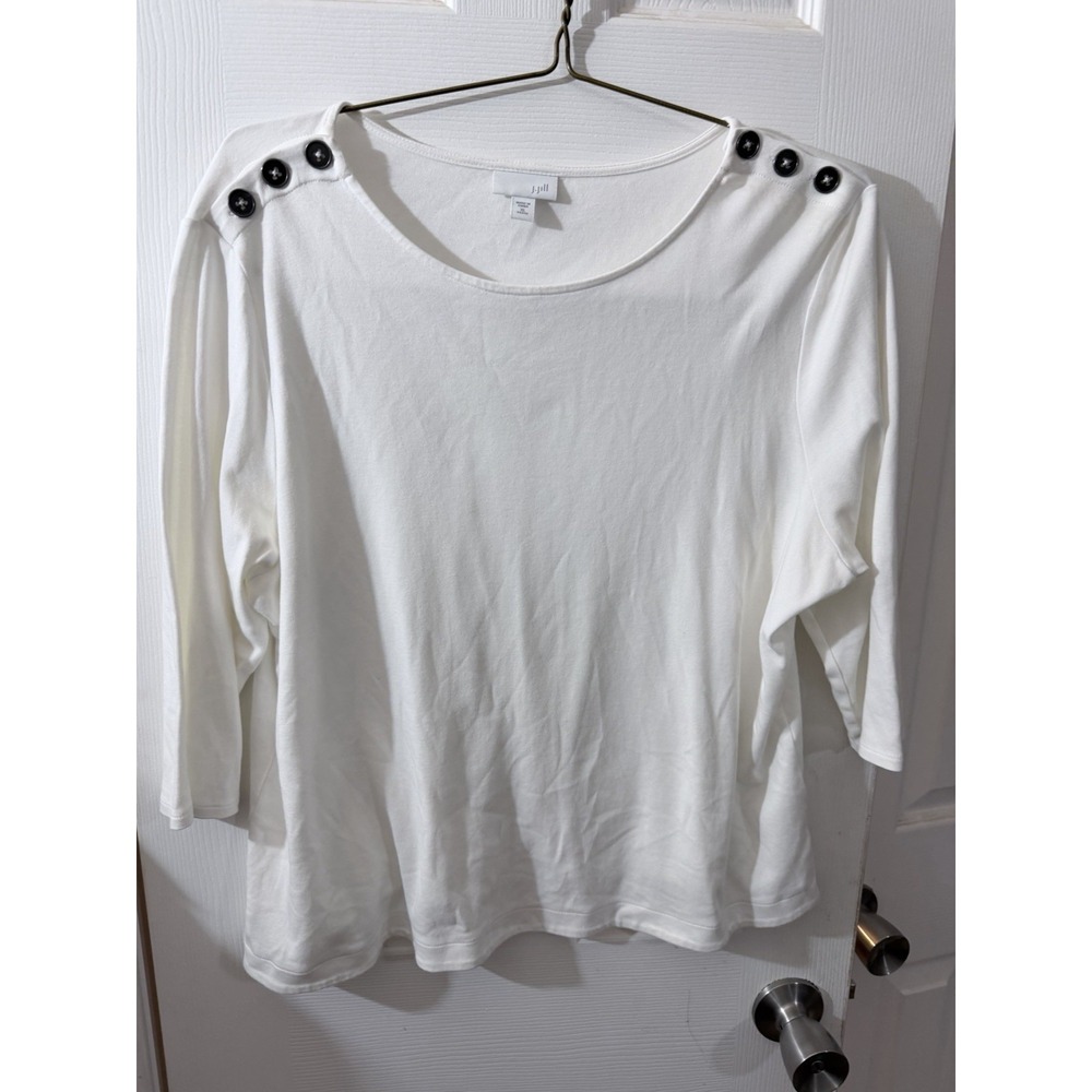 J. JILL Solid White Soft Cotton & Modal Button-Shoulder 3/4 Sleeve Top Petite XL
